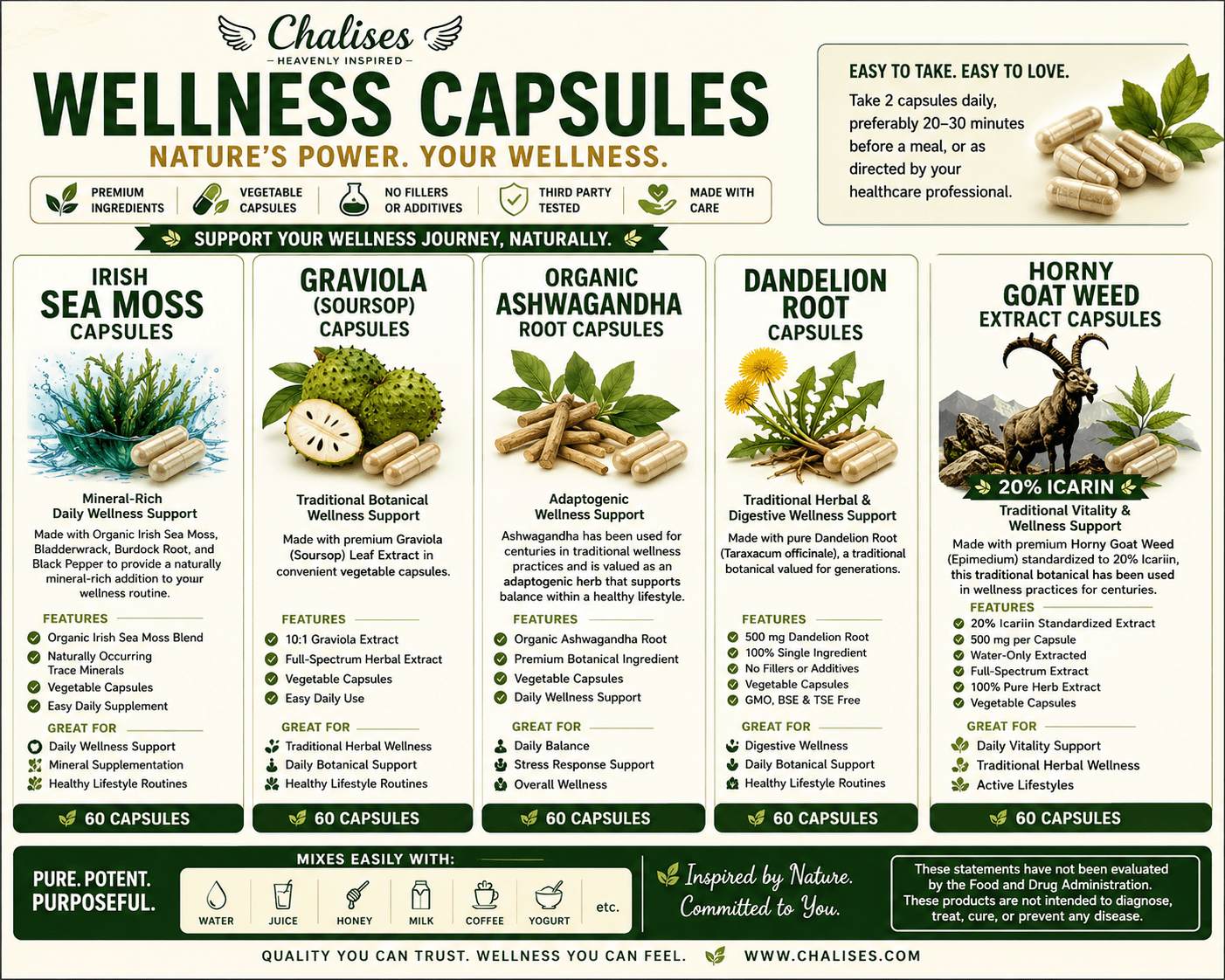 Chalises Herbal Wellness Capsules | Sea Moss, Ashwagandha, Soursop & More - Chalises Heavenly Inspired