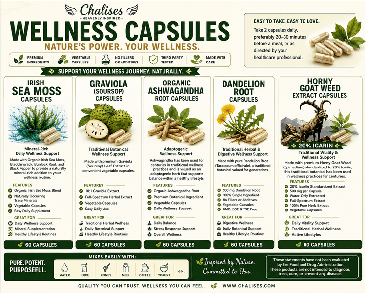 Chalises Herbal Wellness Capsules | Sea Moss, Ashwagandha, Soursop & More - Chalises Heavenly Inspired