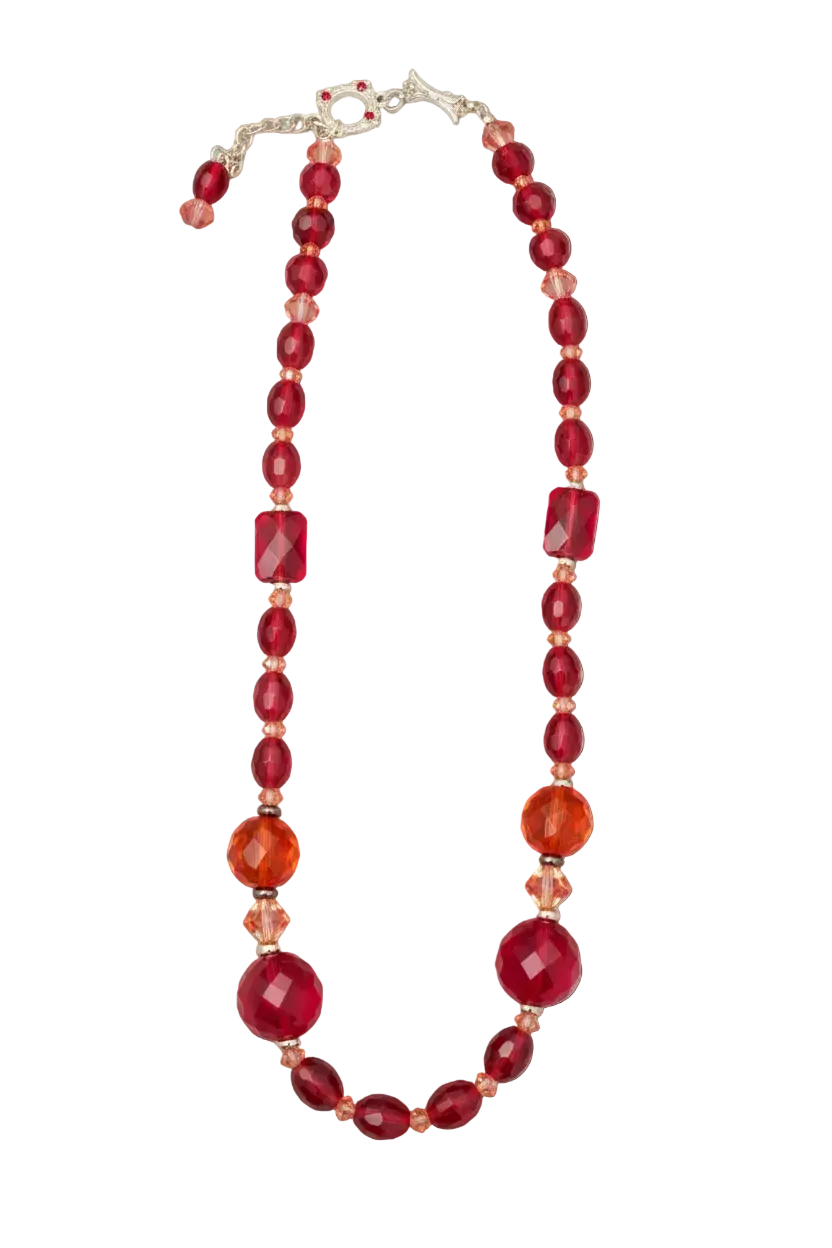 Billie’s original description: Vintage Red Glass
Style: Vintage • Artisan • Statement
Colors: Ruby Red • Deep Crimson • Amber Orange • Peach Red
Beads: Mixed-shape faceted glass beads
Closure: Decorative silver-tone toggle-style clasp with beaded accents
Collection: Billielephante
Piece: One-of-a-kind