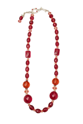 Billie’s original description: Vintage Red Glass
Style: Vintage • Artisan • Statement
Colors: Ruby Red • Deep Crimson • Amber Orange • Peach Red
Beads: Mixed-shape faceted glass beads
Closure: Decorative silver-tone toggle-style clasp with beaded accents
Collection: Billielephante
Piece: One-of-a-kind