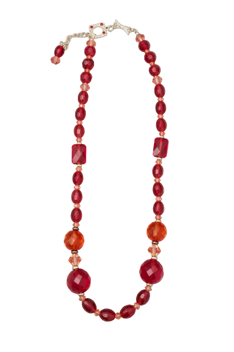 Billie’s original description: Vintage Red Glass
Style: Vintage • Artisan • Statement
Colors: Ruby Red • Deep Crimson • Amber Orange • Peach Red
Beads: Mixed-shape faceted glass beads
Closure: Decorative silver-tone toggle-style clasp with beaded accents
Collection: Billielephante
Piece: One-of-a-kind