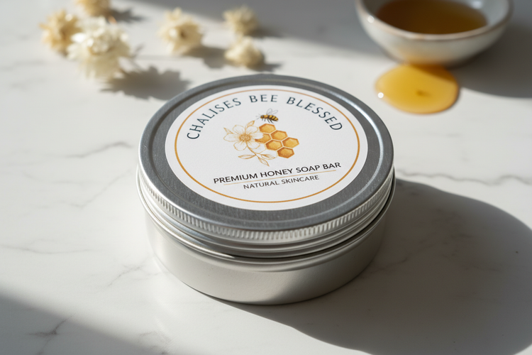 Chalises Bee Blessed honey soap bar in a circular silver tin can closed top with label